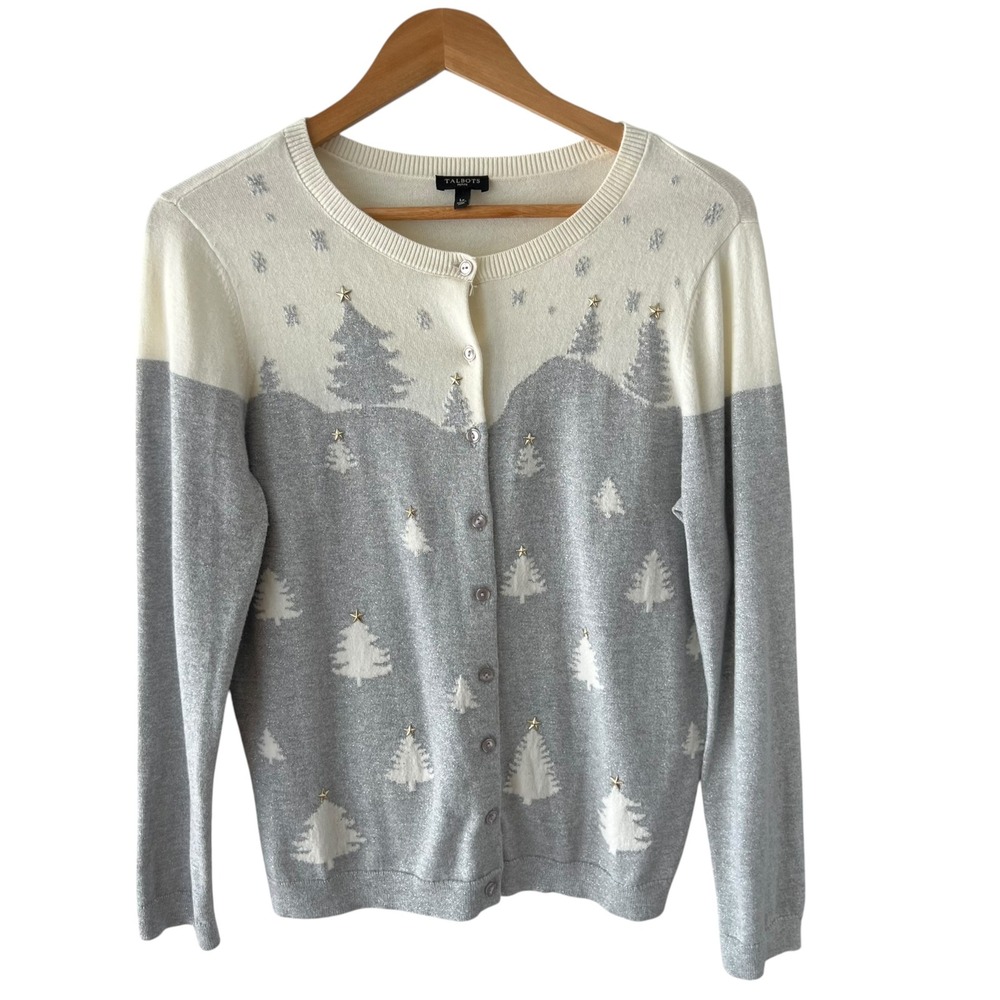 Talbots Christmas Tree Cardigan Sweater Metallic Silver Gray Petite LP Holiday